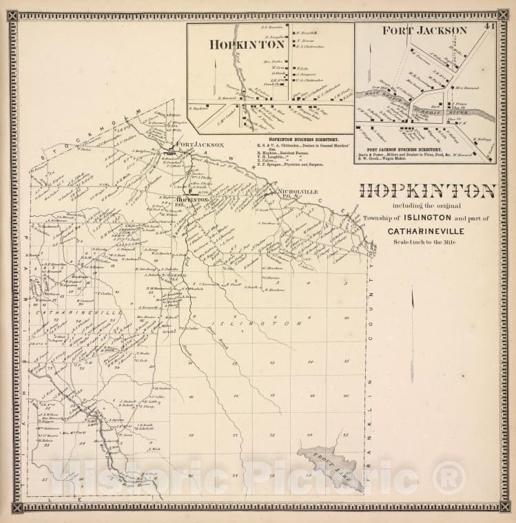 Historic 1865 Map - Hopkinton [Village]; Hopkinton Business Directory; Fort Jackso - Vintage Wall Art