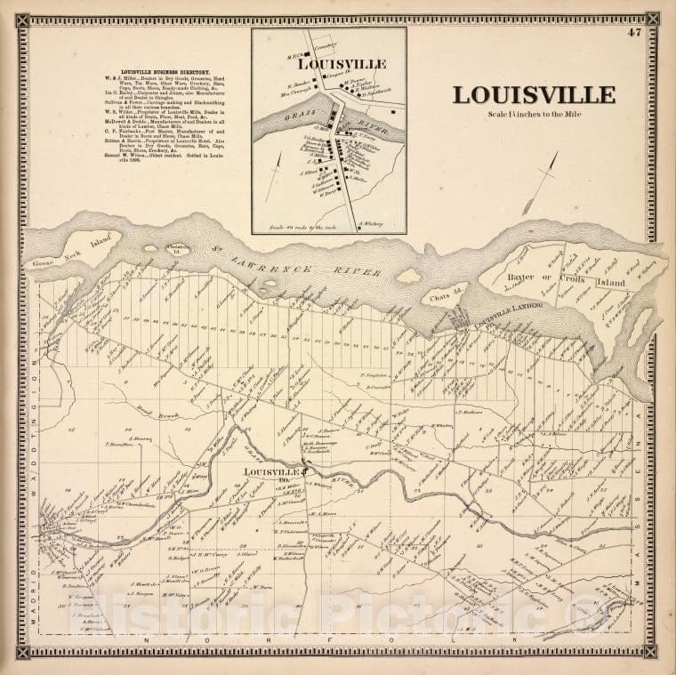 Historic 1865 Map - Louisville Business Directory; Louisville [Village]; Louisvill - Vintage Wall Art