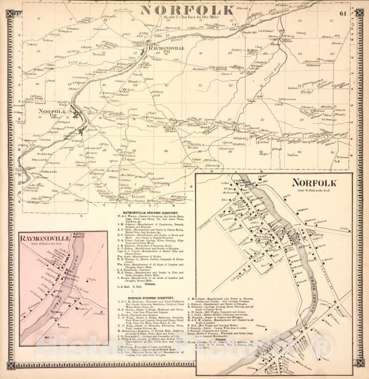 Historic 1865 Map - Norfolk [Township]; Raymondville [Village]; Raymondville Busines - Vintage Wall Art