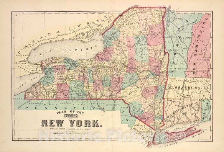 Historic 1875 Map - Plan Of The State Of New York. - Vintage Wall Art, V2