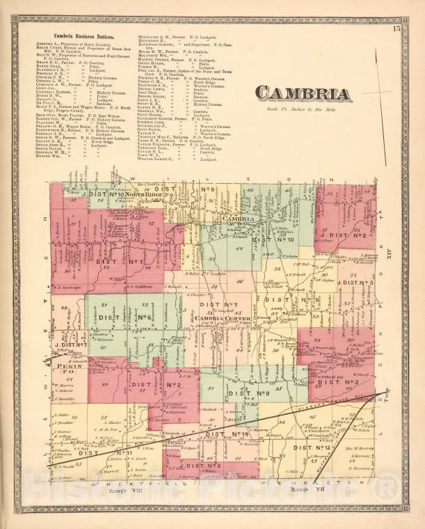 Historic 1875 Map - Cambria Business Notices; Cambria [Township] - Vintage Wall Art