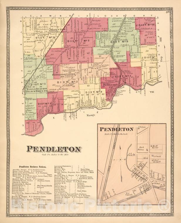 Historic 1875 Map - Pendleton [Township]; Pendleton Business Notices; Pendleton [V - Vintage Wall Art