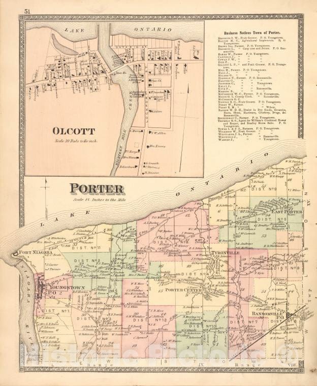 Historic 1875 Map - Olcott [Village]; Business Notices Town Of Porter; Porter [Tow - Vintage Wall Art