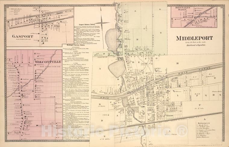 Historic 1875 Map - Gasport [Village]; Wolcottville [Village]; Gasport Business Noti - Vintage Wall Art