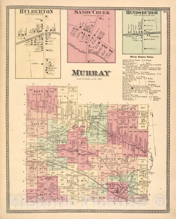Historic 1875 Map - Hulberton [Village]; Sandy Creek [Village]; Hindsburgh [Village] - Vintage Wall Art