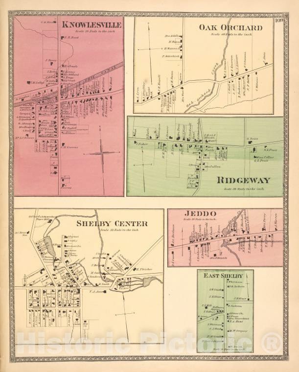 Historic 1875 Map - Knowlesville [Village]; Shelby Center [Village]; Oak Orchard [Vi - Vintage Wall Art