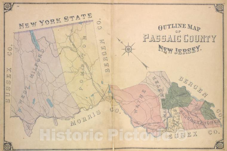 Historic Map - 1877 Passaic County, New Jersey (N.J.), Outline Map Of Passaic County, New Jersey. - Vintage Wall Art