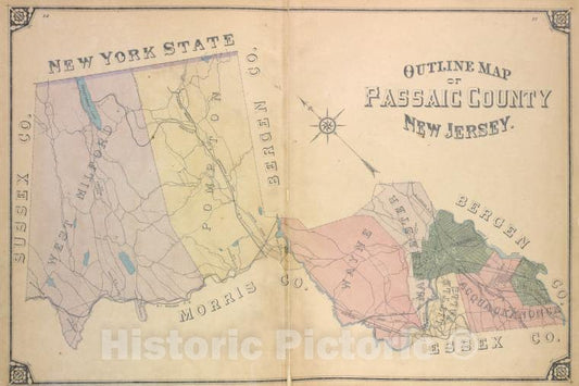 Historic Map - 1877 Passaic County, New Jersey (N.J.), Outline Map Of Passaic County, New Jersey. - Vintage Wall Art