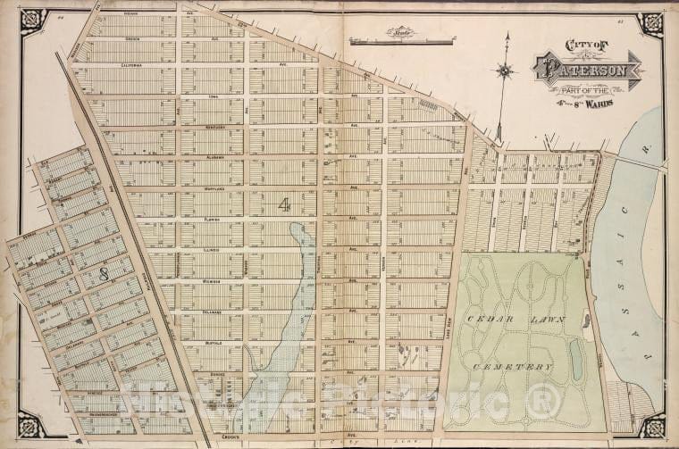 Historic Map - 1877 Passaic County, New Jersey (N.J.), City Of Paterson. Part Of The 4Th And 8Th Wards - Vintage Wall Art