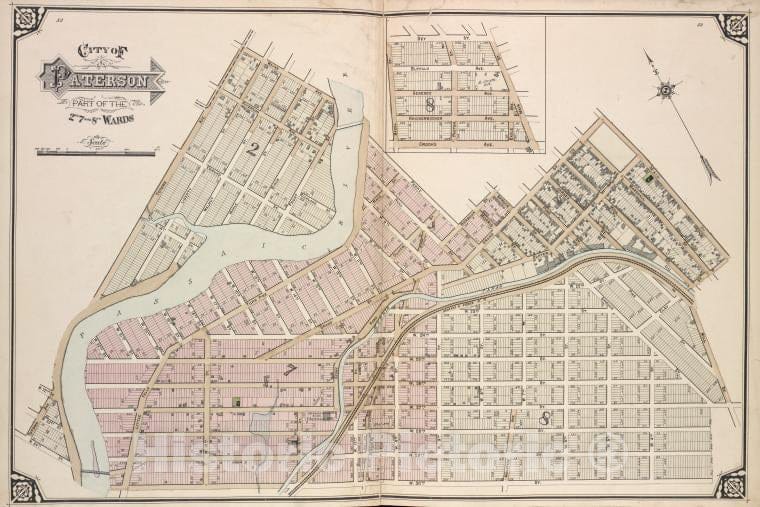 Historic 1877 Map - City Of Paterson. Part Of The 2Nd, 7Th And 8Th Wards - Vintage Wall Art