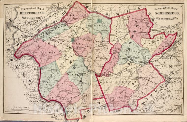Historic 1873 Map - Topographical Map Of Hunterdon Co, New Jersey; Topographical - Vintage Wall Art