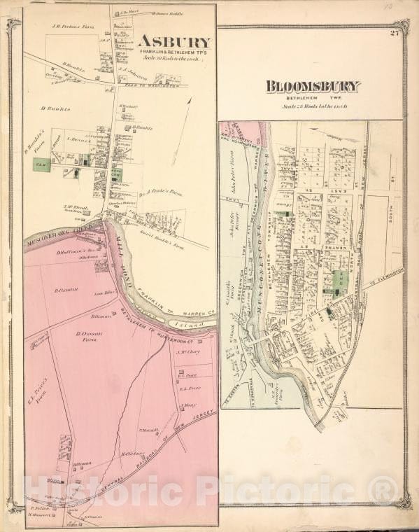 Historic 1873 Map - Asbury [Village]; Bloomsbury [Village] - Vintage Wall Art