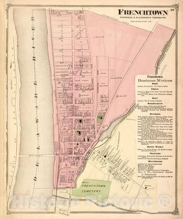 Historic 1873 Map - Frenchtown [Village]; Frenchtown Business Notices. - Vintage Wall Art