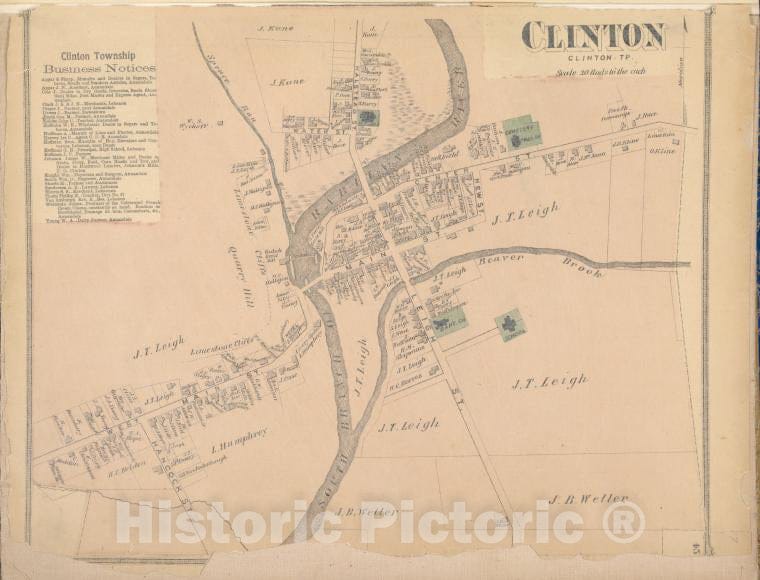 Historic 1873 Map - Clinton [Village]; Clinton Business Notices. - Vintage Wall Art