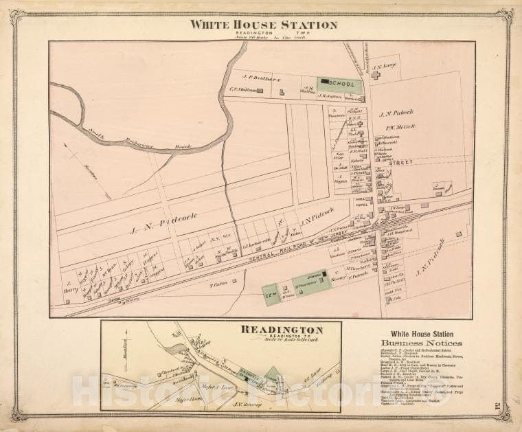 Historic 1873 Map - White House Station [Village]; White House Station Business Noti - Vintage Wall Art