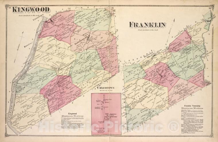 Historic 1873 Map - Kingwood [Township]; Kingwood Business Notices; Franklin [Town - Vintage Wall Art