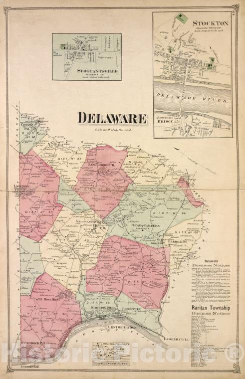Historic 1873 Map - Stockton [Village]; Sergeantsville [Village]; Delaware [Township - Vintage Wall Art