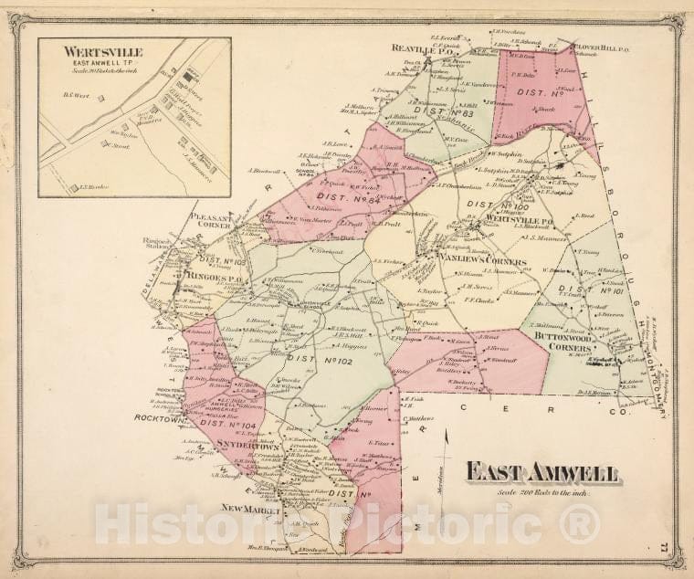 Historic 1873 Map - East Amwell [Township]; Wertsville [Village] - Vintage Wall Art