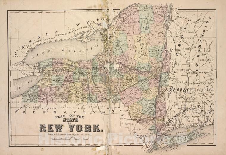 Historic Map - 1868 Otsego County, New York (N.Y.), Plan Of The State Of New York. - Vintage Wall Art