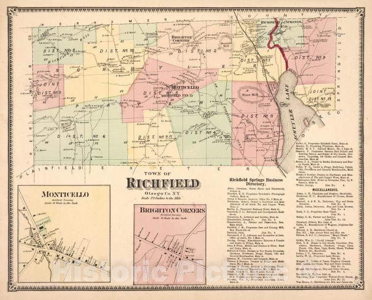 Historic 1868 Map - Richfield Springs Business Directory;Town Of Richfield, Otsego - Vintage Wall Art