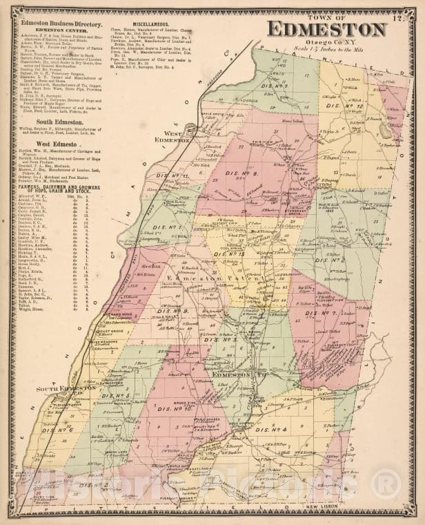 Historic 1868 Map - Edmeston Business Directory; Town Of Edmeston, Otsego Co. N.Y. - Vintage Wall Art
