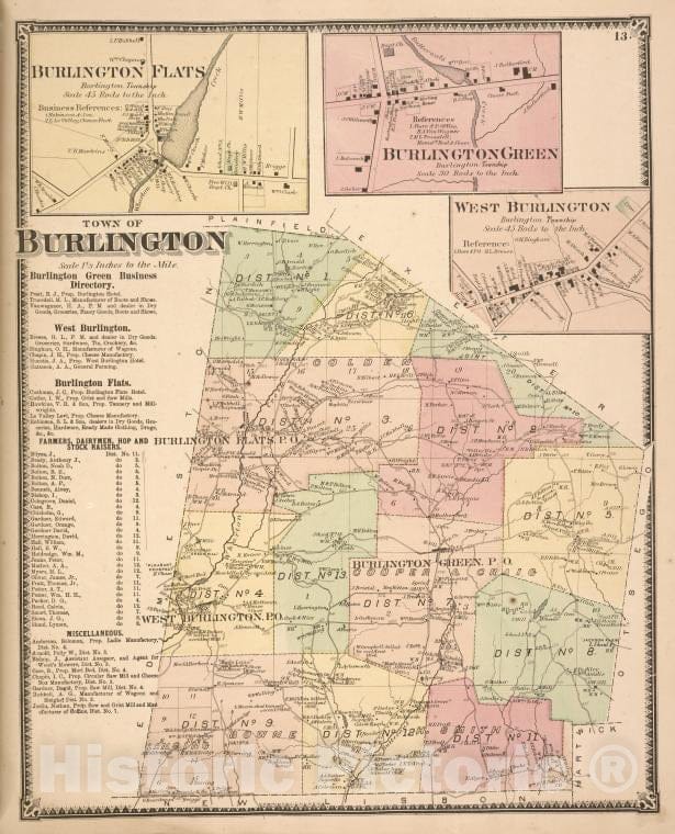 Historic 1868 Map - Burlington Flats [Village]; Burlington Green [Village]; West Bur - Vintage Wall Art