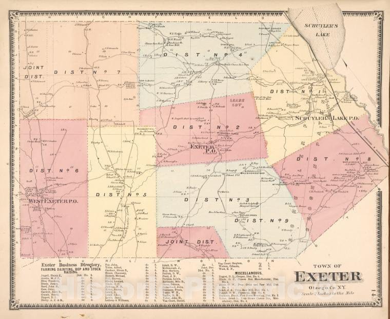 Historic 1868 Map - Town Of Exeter, Otsego Co. N.Y. [Township]; Exeter Business Dire - Vintage Wall Art