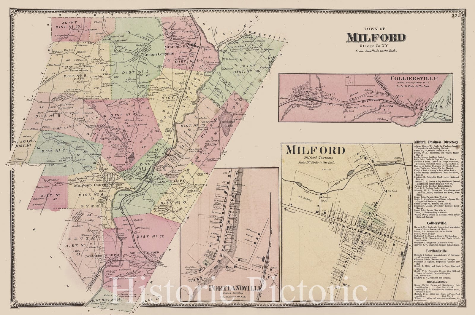 Historic 1868 Map - Town Of Milford, Otsego Co. N.Y. [Township]; Portlandville [Vill - Vintage Wall Art