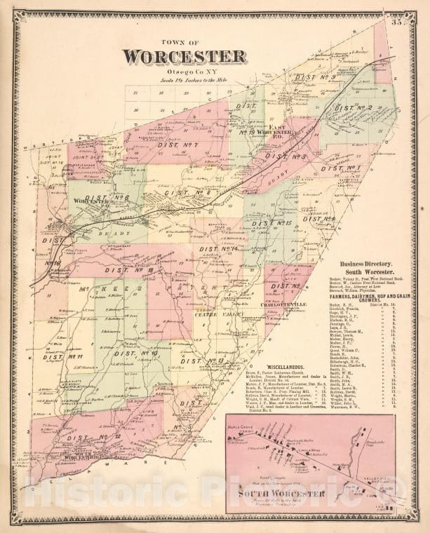 Historic 1868 Map - Town Of Worcester, Otsego Co. N.Y. [Township]; Business Director - Vintage Wall Art