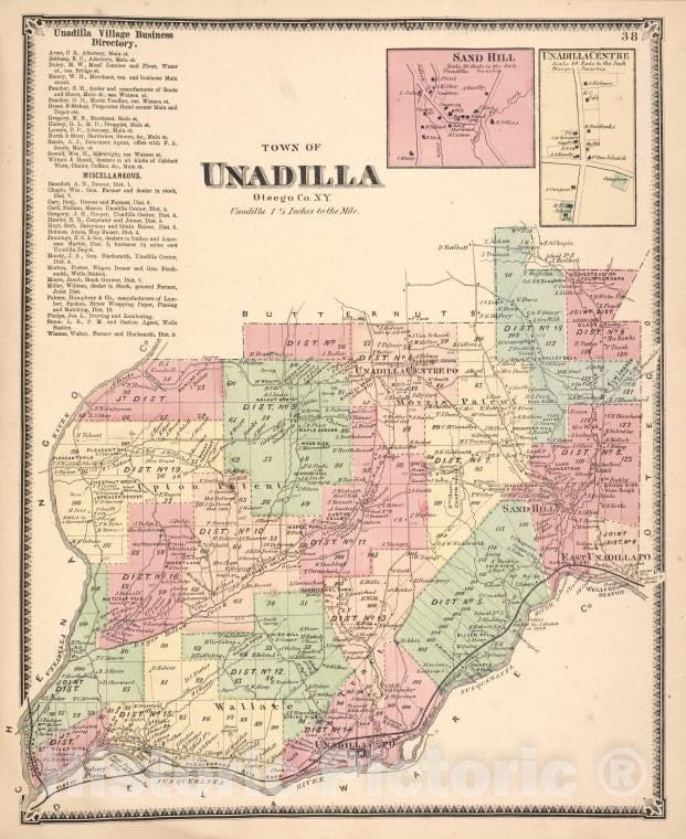 Historic 1868 Map - Unadilla Village Business Directory; Town Of Unadilla, Otsego - Vintage Wall Art