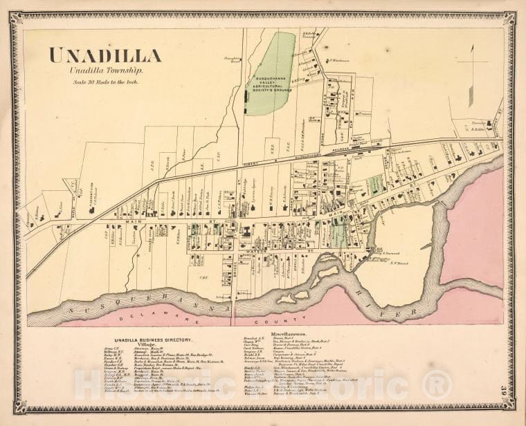 Historic Map - 1868 Otsego County, New York (N.Y.), Unadilla [Village]; Unadilla Business Directory. - Vintage Wall Art