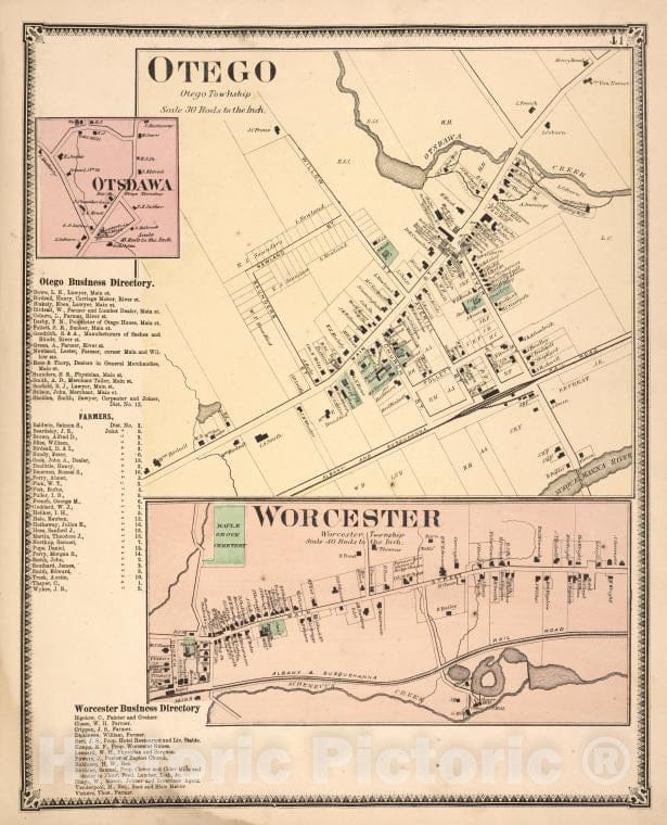 Historic 1868 Map - Otego [Village]; Otsdawa [Village]; Otego Business Directory; - Vintage Wall Art