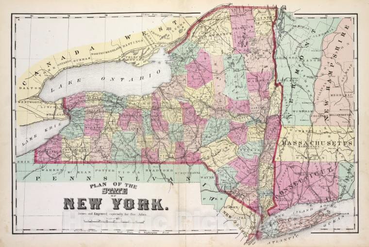 Historic Map - 1874 Schuyler County, New York, Map Of The State Of New York. - Vintage Wall Art