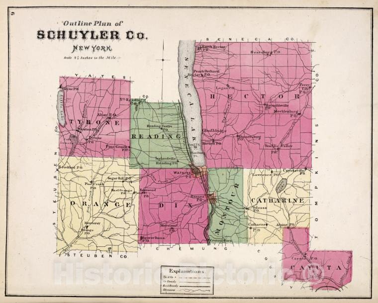 Historic Map - 1874 Schuyler County, New York, Outline Plan Of Schuyler Co. New York. - Vintage Wall Art