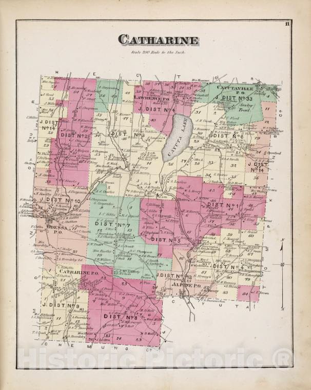 Historic Map - 1874 Schuyler County, New York, Catharine - Vintage Wall Art