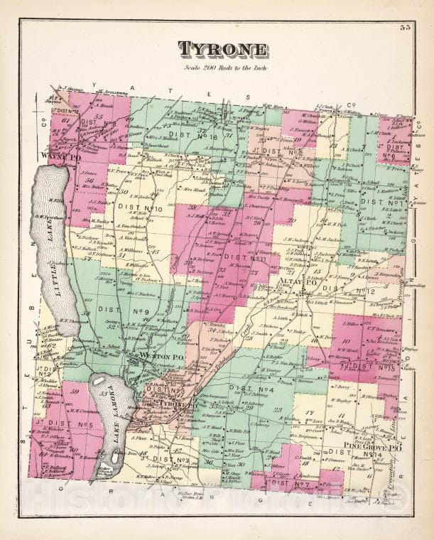 Historic Map - 1874 Schuyler County, New York, Tyrone - Vintage Wall Art