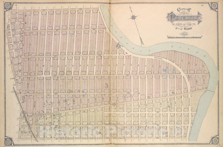 Historic Map - 1877 Passaic County, New Jersey (N.J.), City Of Paterson. Part Of The 3Rd And 4Th Wards - Vintage Wall Art