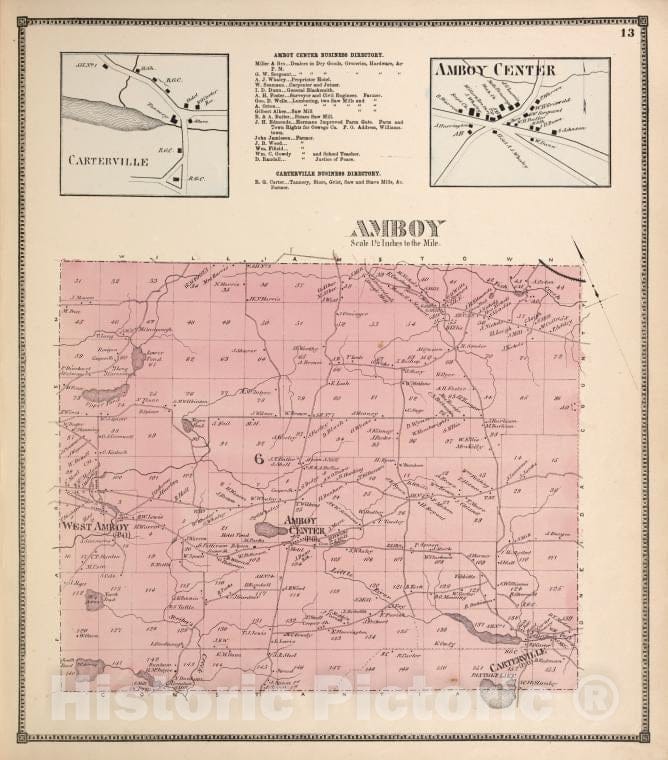 Historic 1867 Map - Carterville [Village]; Amboy Center Business Directory; Amboy - Vintage Wall Art