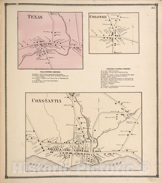 Historic 1867 Map - Texas [Village]; Texas Business Directory; Colosse [Village]; - Vintage Wall Art