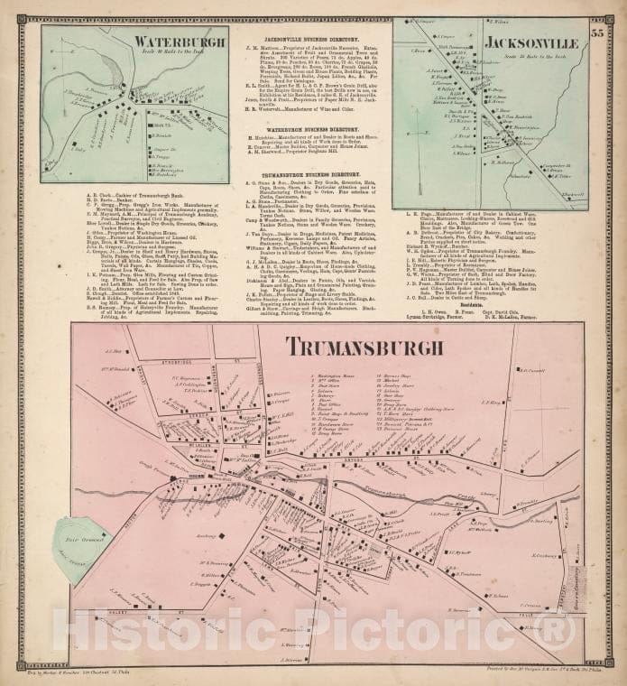 Historic 1866 Map - Waterburgh [Village]; Jacksonville Business Directory; Waterbu - Vintage Wall Art