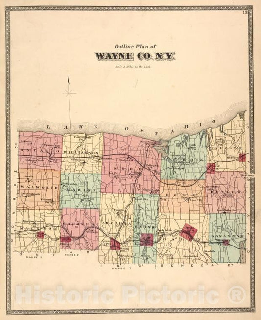 Historic 1874 Map - Outline Plan Of Wayne Co, N.Y. - Vintage Wall Art