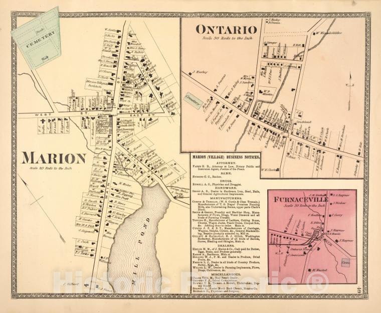 Historic 1874 Map - Ontario [Village]; Furnaceville [Village]; Marion (Village) Busi - Vintage Wall Art