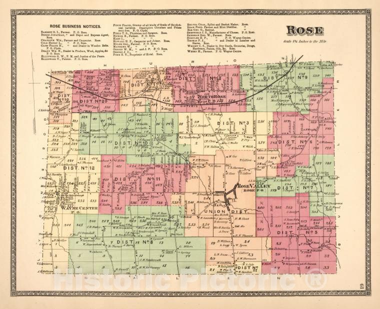 Historic 1874 Map - Rose Business Notices; Rose [Township] - Vintage Wall Art