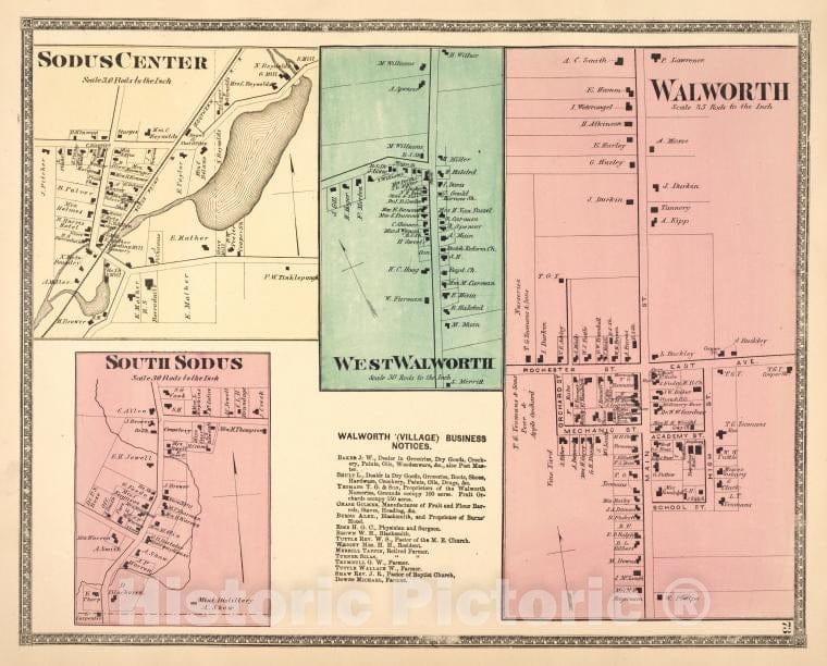 Historic 1874 Map - Walworth [Village]; West Walworth [Village]; Walwoth [Village]; - Vintage Wall Art