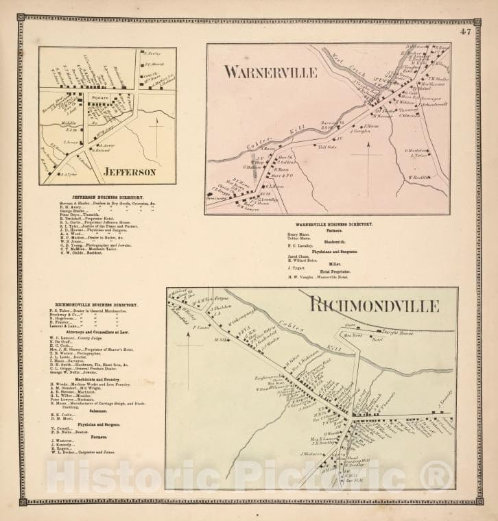 Historic 1866 Map - Jefferson [Village]; Jefferson Business Directory; Warnerville - Vintage Wall Art