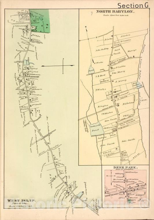 Historic 1888 Map - West Islip. [Village]; North Babylon. [Village]; Deer Park. [Vil - Vintage Wall Art