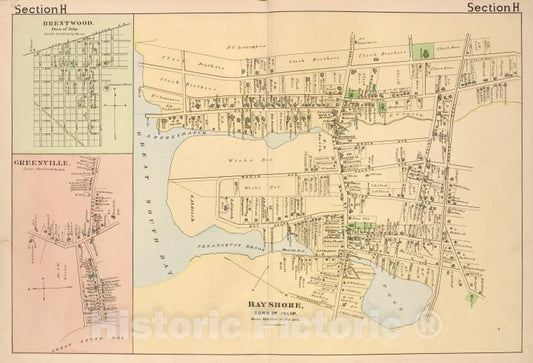 Historic 1888 Map - Brentwood. [Village]; Greenville. [Village]; Bayshore [Village] - Vintage Wall Art