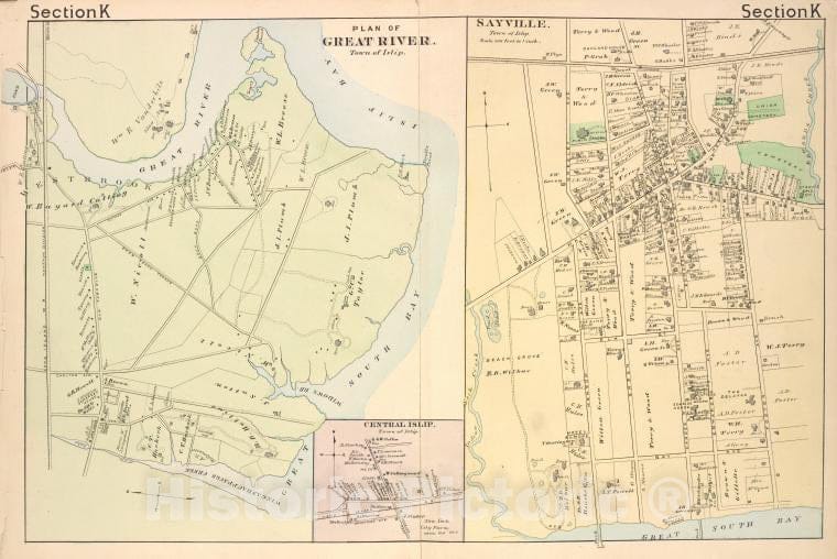 Historic 1888 Map - Plan Of Great River. [Township]; Central Islip [Village]; Sayvil - Vintage Wall Art