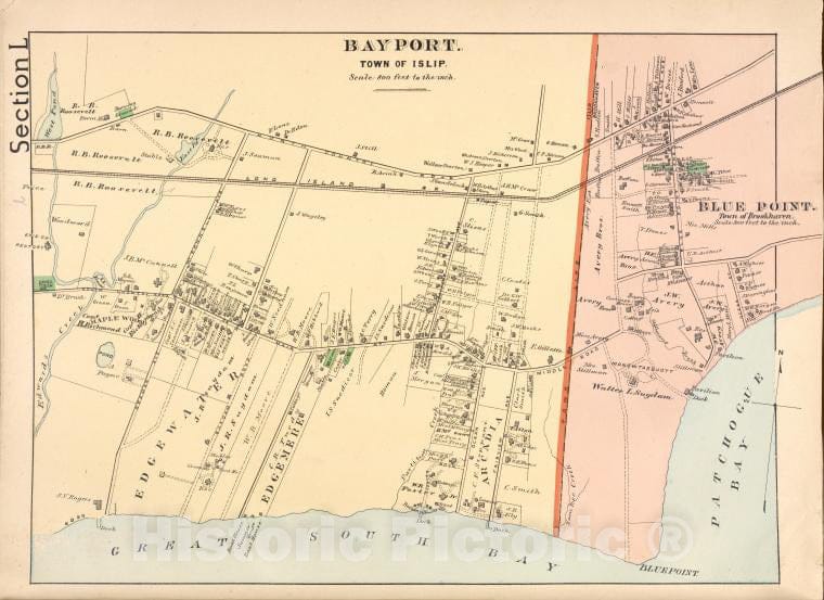 Historic Map - 1888 Suffolk County, New York (N.Y.), Bayport. [Village]; - Vintage Wall Art