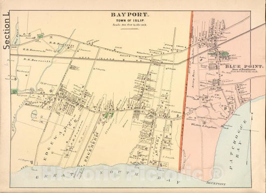 Historic Map - 1888 Suffolk County, New York (N.Y.), Bayport. [Village]; - Vintage Wall Art
